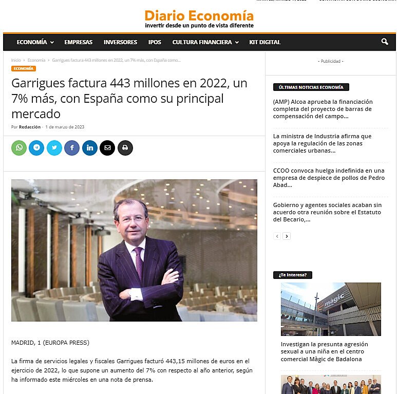 Garrigues factura 443 millones en 2022, un 7% ms, con Espaa como su principal mercado